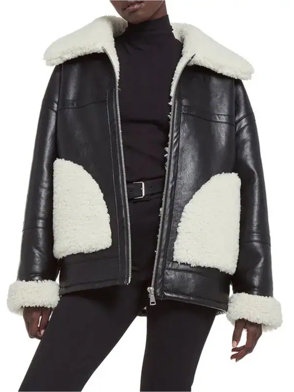 Apparis Black Faux Leather Bomber Jacket with White Shearling Trim